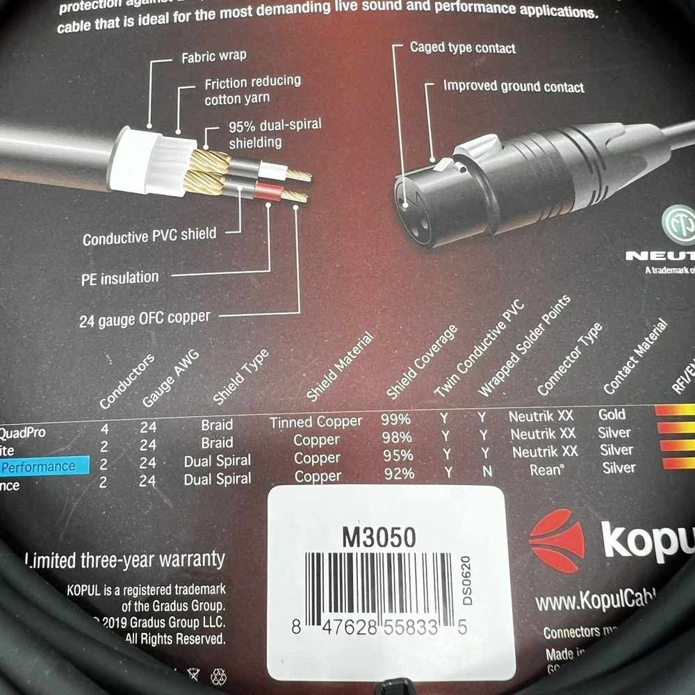 Premium Performance XLR Microphone Cable 3 pin 50 ft. Black 3000 series‎